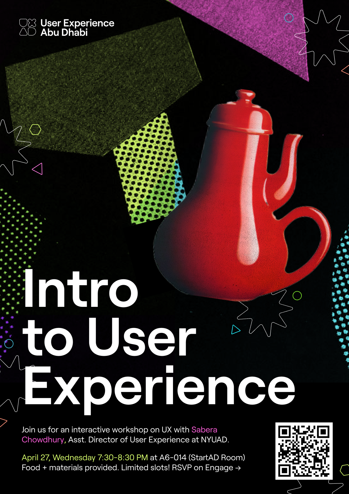 User Experience Abu Dhabi poster with geometric shapes and event details