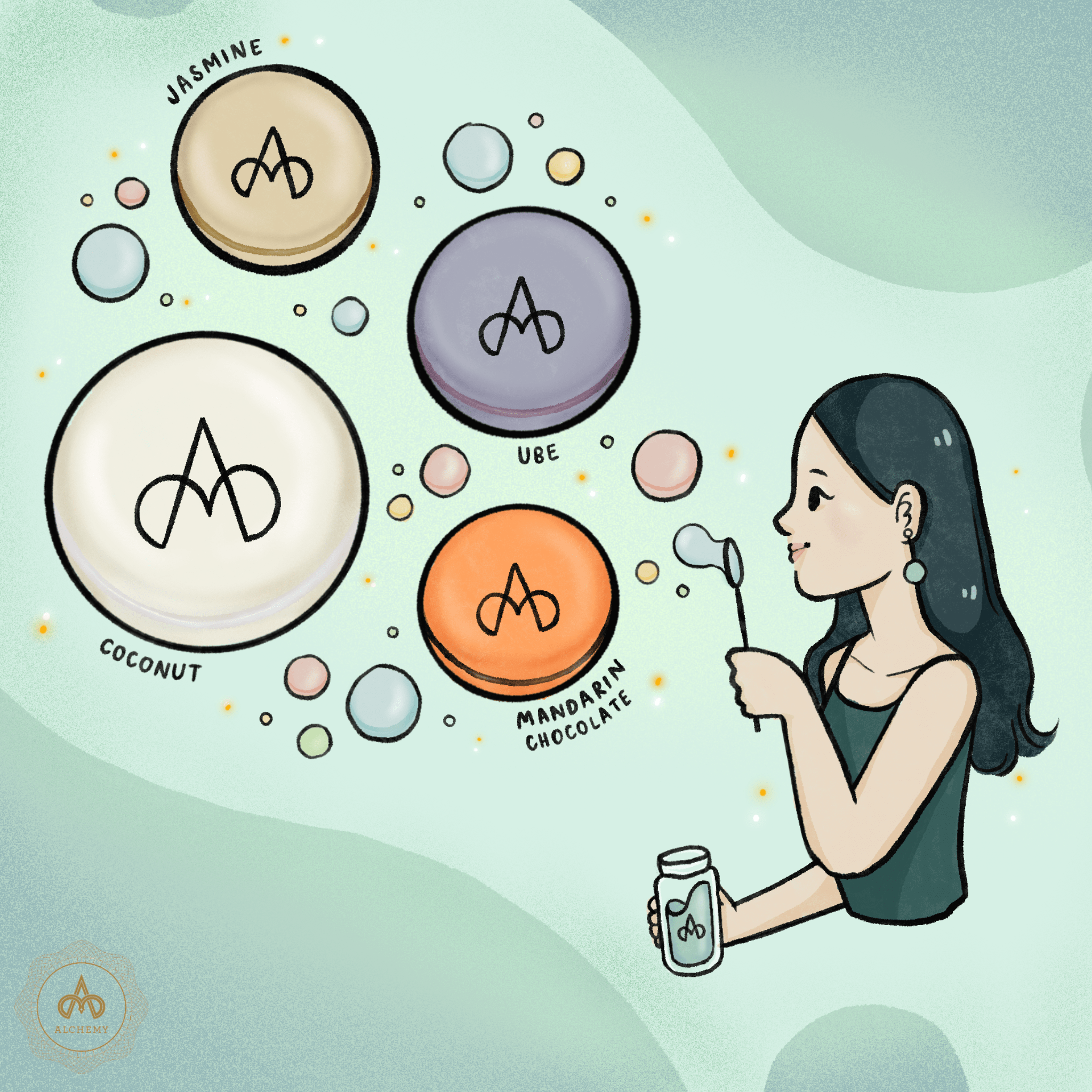 Illustrated macaron flavor design with vibrant colors