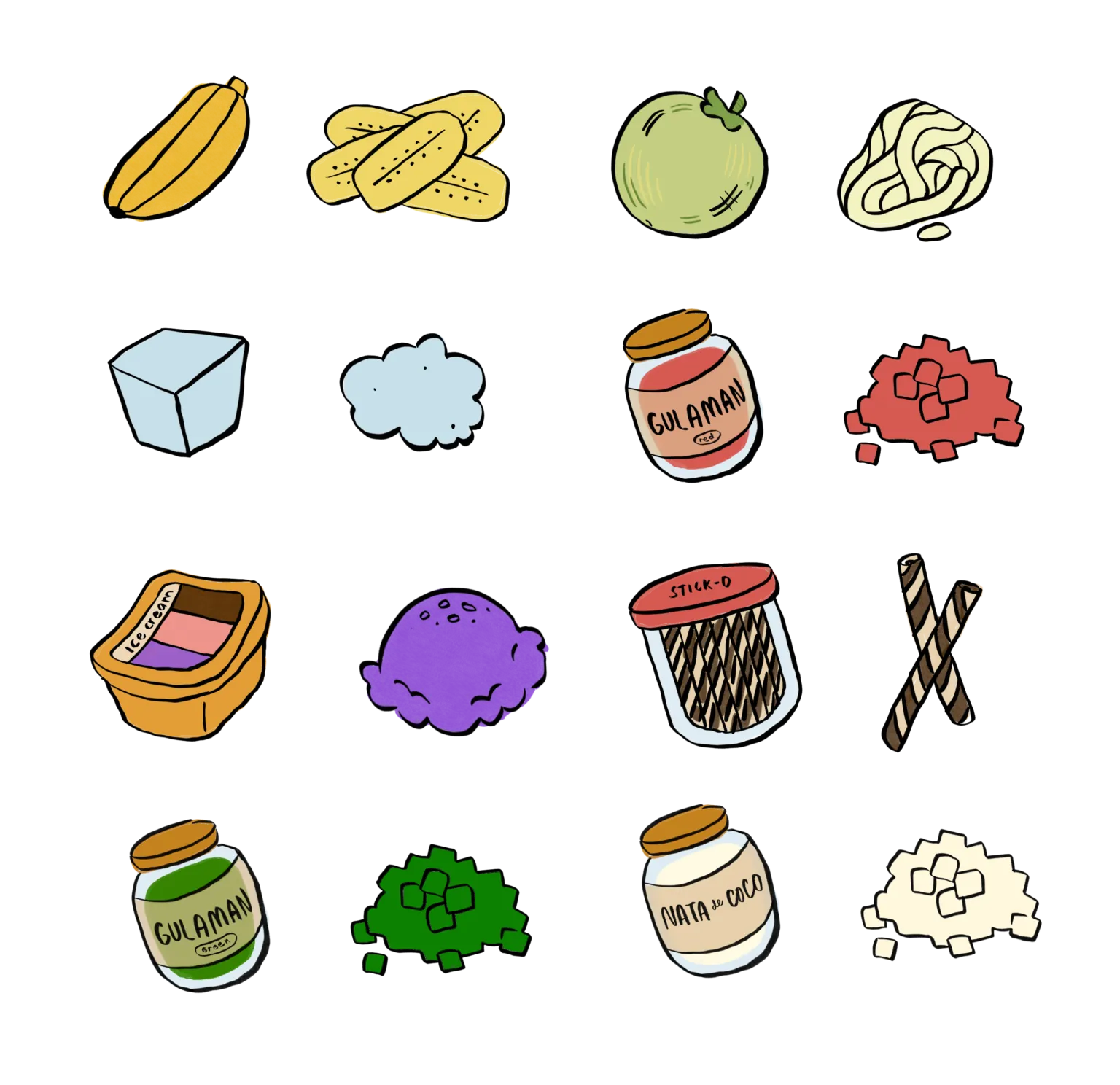 Haluhalo ingredients - banana, plantains, ice cream, gulaman, and more